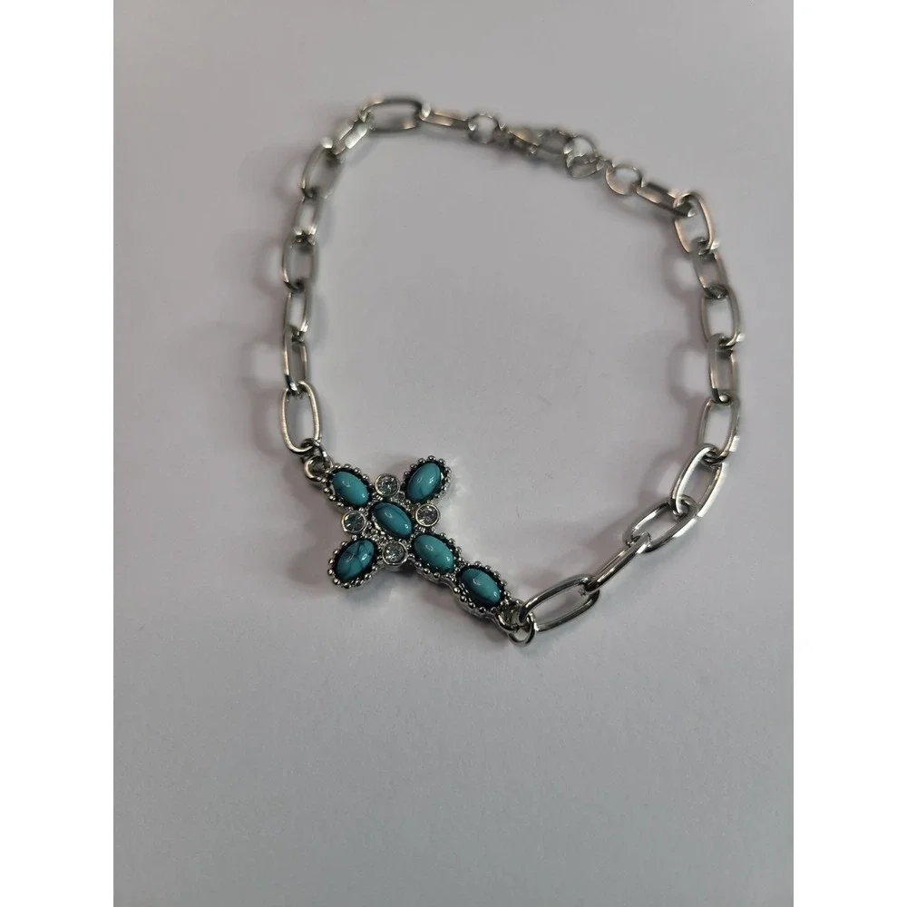 Silver Tone Blue Bracelet Cabochon Cross Bracelet Paperclip Chain Western Boho